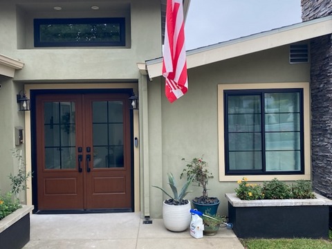 Custom Black Windows & Stained Fiberglass Entry Door Installation in Pasadena, CA